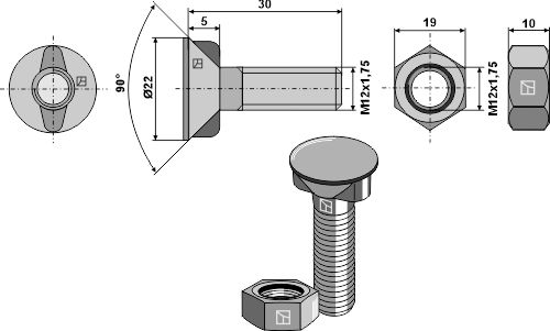1230KV Pflugschraube M12x1,75x30 mit Sechskantmutter von Industriehof Scherenbostel