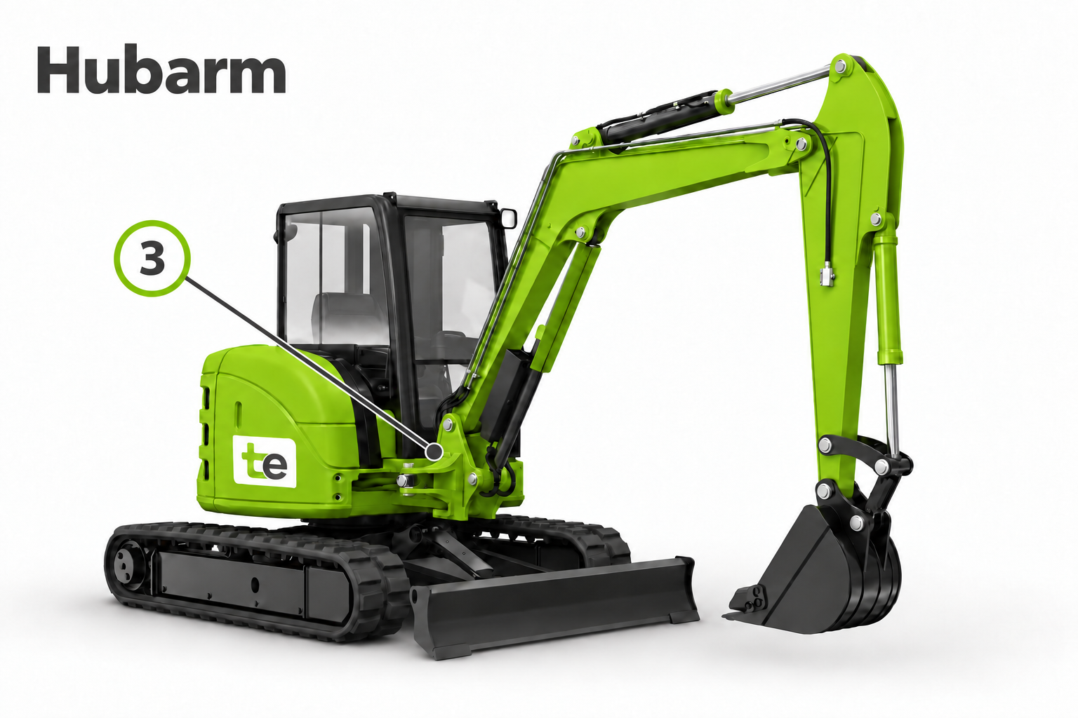 Hubarm Ersatzteilset von tekkhus für Minibagger (Position 3) Grüner Minibagger mit tekkhus-Logo. Position 3 markiert den Befestigungsbereich des Hubarms.