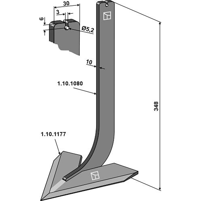 Landwirtschaft Bodenbearbeitung Grubber Schare & Leitbleche Stiel mit Schar 80mm Steketee
