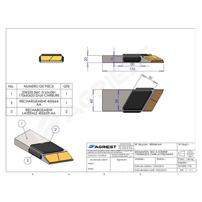 Grubber Anschweißteile Einschweißspitze170X60X20Rechts Zus. Aufpanzerung Hartmetall
