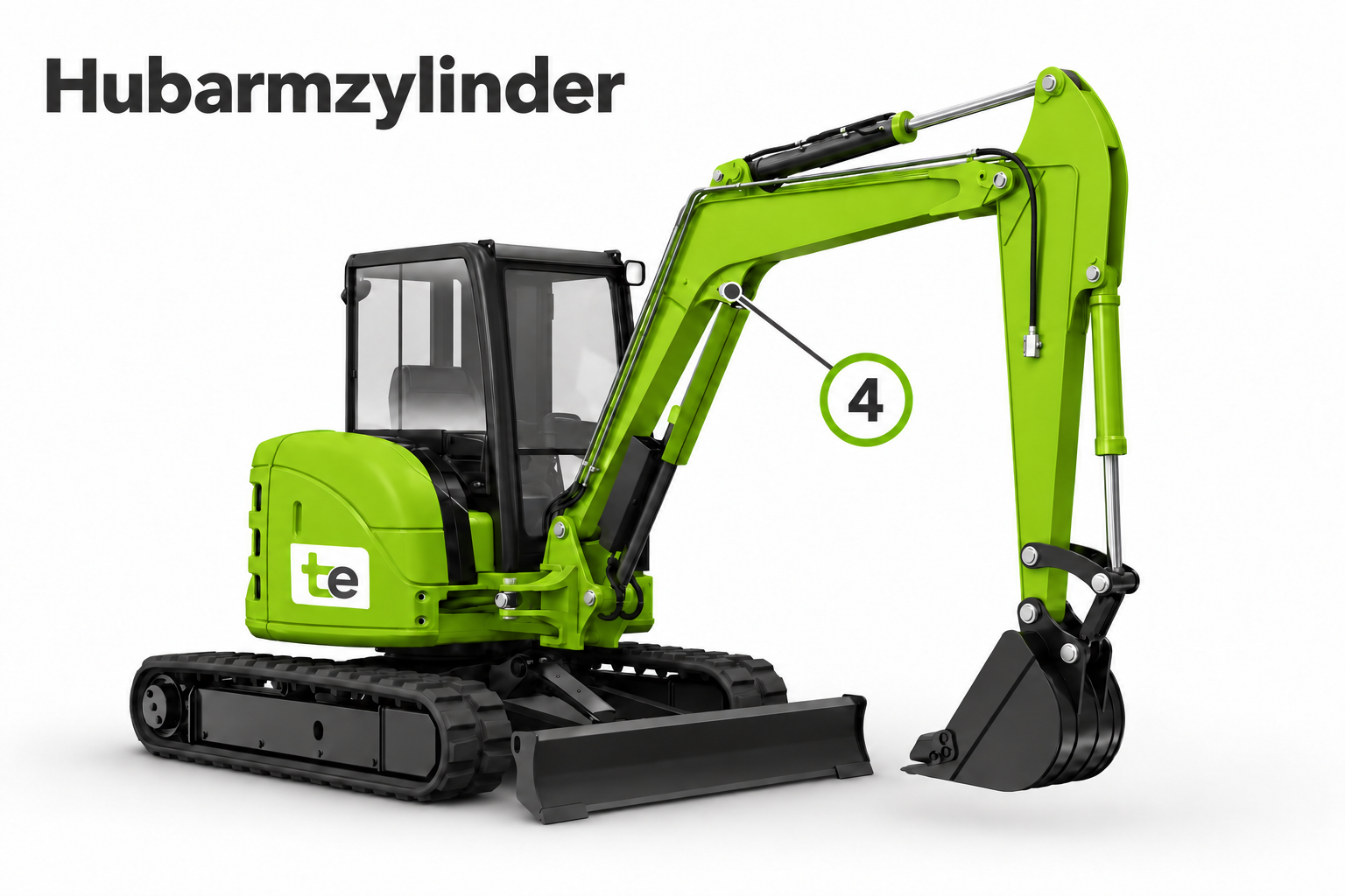 Grüner Minibagger mit tekkhus-Logo. Position 4 markiert die obere Befestigung des Hubarmzylinders.