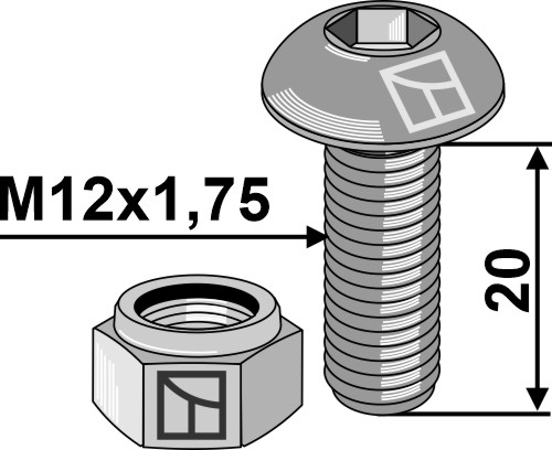 Flachrundschraube mit Innensechskant M12x1,75x20 - verzinkt - mit Mutter