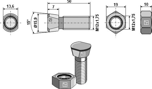 1250KV Scharschraube M12x1,75x50 mit Sechskantmutter von Industriehof Scherenbostel