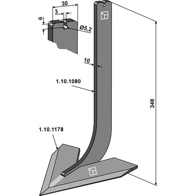 Landwirtschaft Bodenbearbeitung Grubber Schare & Leitbleche Stiel mit Schar 100mm Steketee