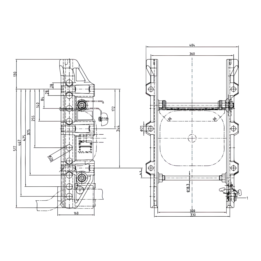 Rockinger Anhängebock RO880A08042 als Leiter für höhenverstellbare Kupplungen, passend für John Deere 6000/7000/8000; Spurweite 330 mm, D 89,3 kN, S 2,0 bzw. 3,0 t (bei Einbau unterhalb der Zapfwelle), 6 Befestigungsbohrungen.