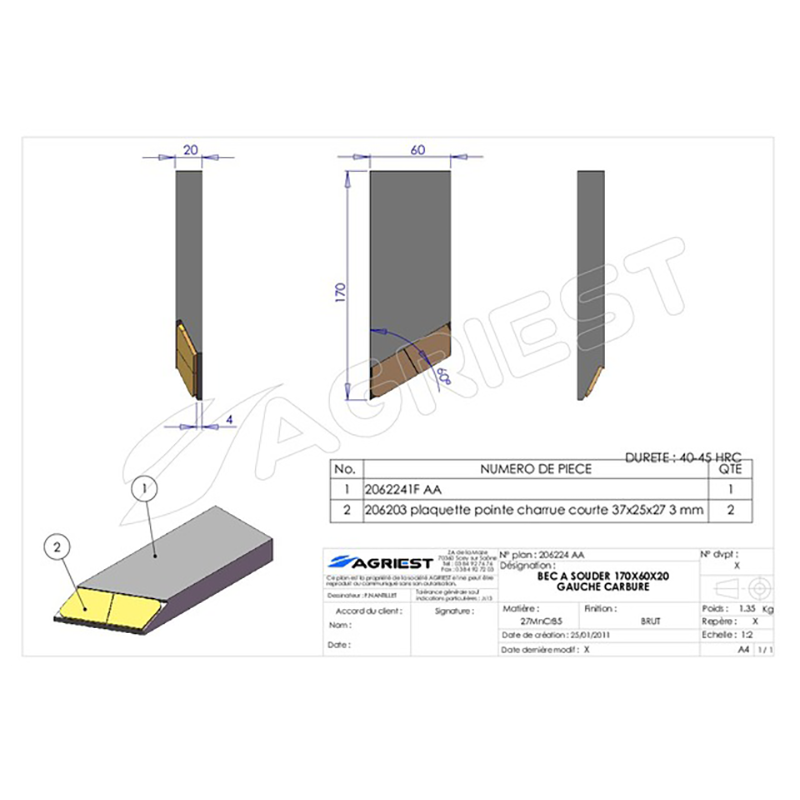 Grubber Anschweißteile Einschweißspitze 170X60X20 Links Hartmetall