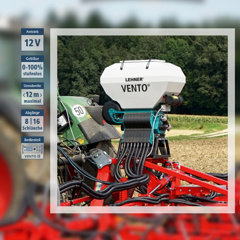 LEHNER VENTO 12 Volt Gebläsestreuer für Zwischenfrucht und Grassaaten LEHNER VENTO Pneumatischer Gebläsestreuer mit Schläuchen