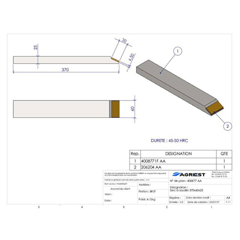 Grubber Anschweißteile Einschweißspitze 370X60X25 Hartmetall