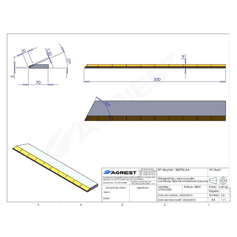 Grubber Anschweißteile Flach Anschweissteil Anlage 500X70X14 Abgeschrägt Links Hartmetall