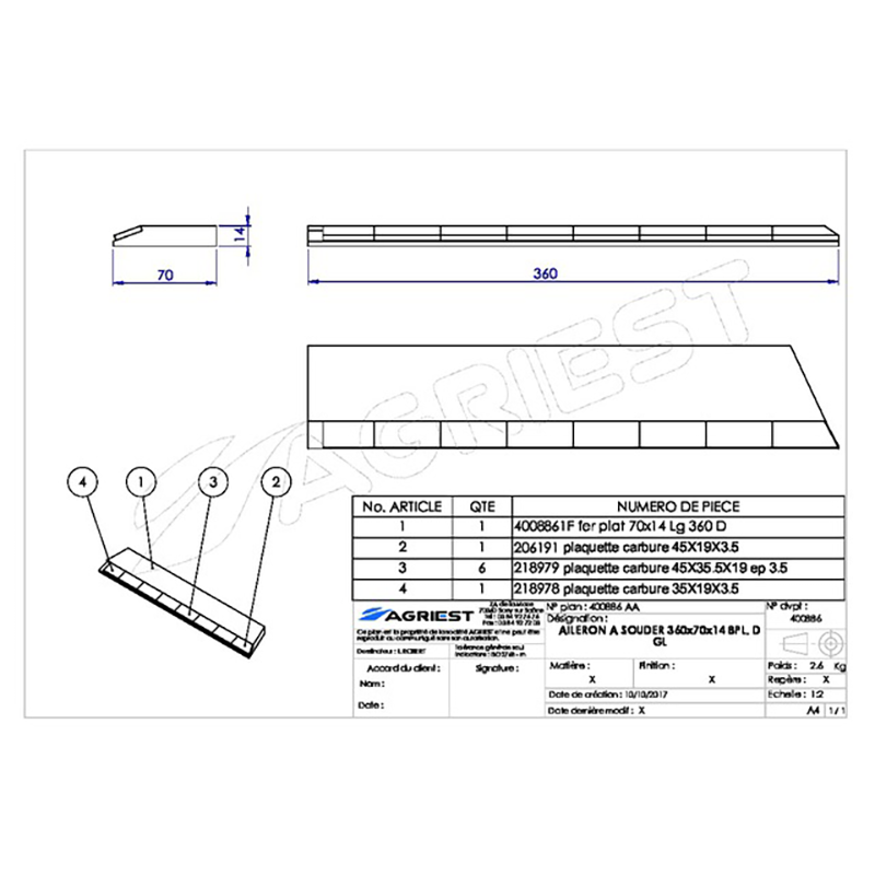 Grubber Anschweißteile Flach Anschweissteil Hartmetall 360X70X14 Rechts