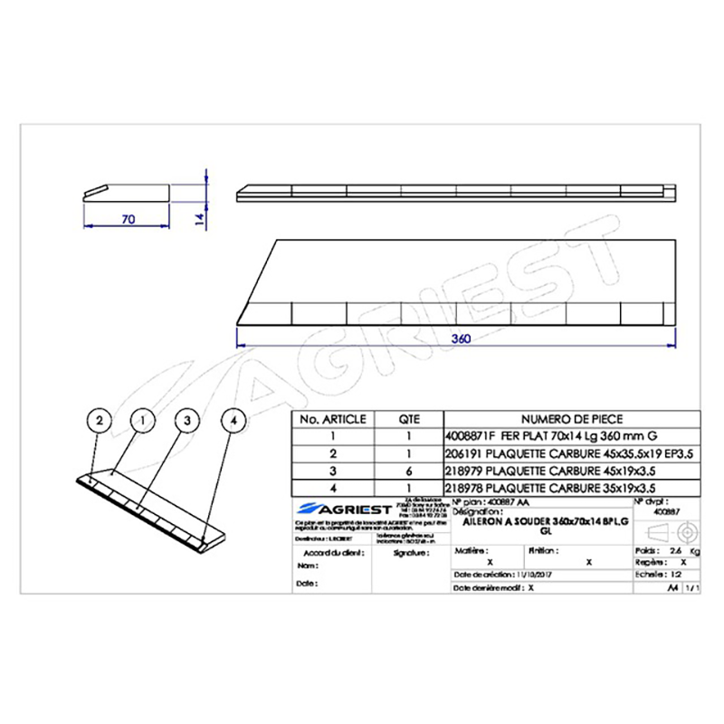 Grubber Anschweißteile Flach Anschweissteil Hartmetall 360X70X14 Links