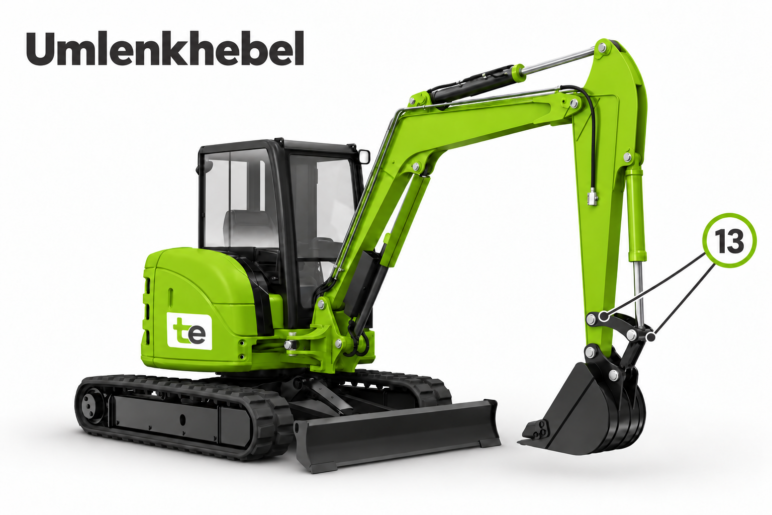 Grüner Minibagger mit tekkhus-Logo. Position 13 markiert den Umlenkhebel mit zwei Verbindungslinien.
