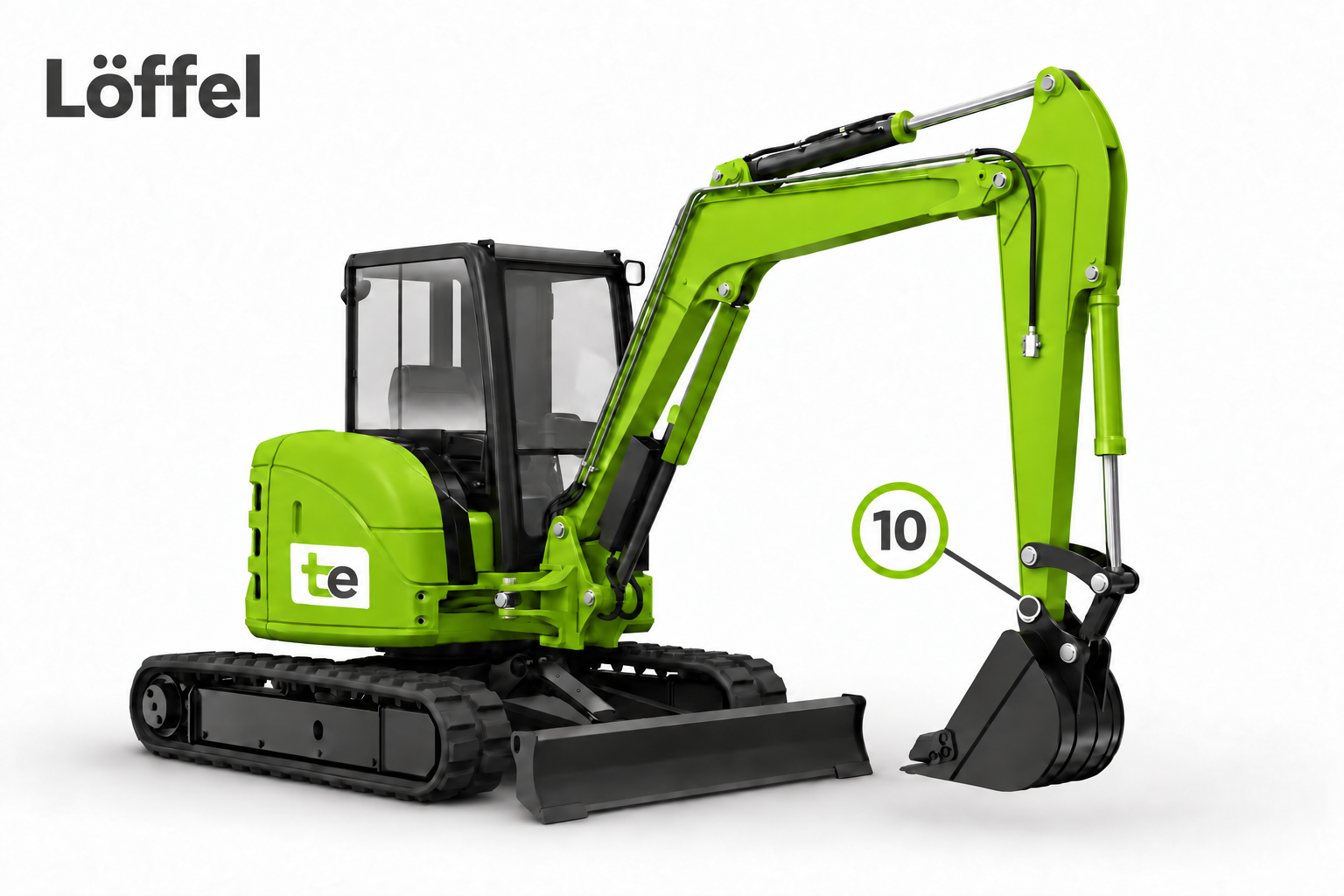 Grüner Minibagger mit tekkhus-Logo. Position 10 markiert die Befestigung des Löffels am Löffelstiel.