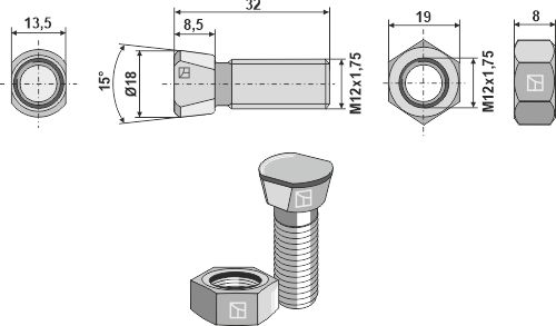 1232N Scharschraube M12x1,75x32 mit Sechskantmutter von Industriehof Scherenbostel