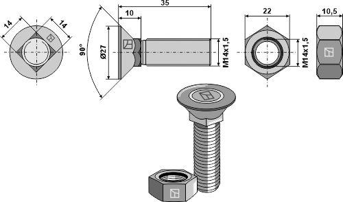 1435GB Pflugschraube M14x1,5x35 und Sechskantmutter von Industriehof Scherenbostel