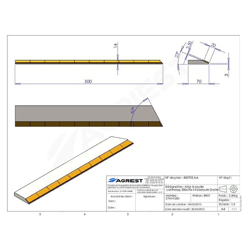 Grubber Anschweißteile Flach Anschweissteil Anlage 500X70X14 Abgeschrägt Rechts Hartmetall