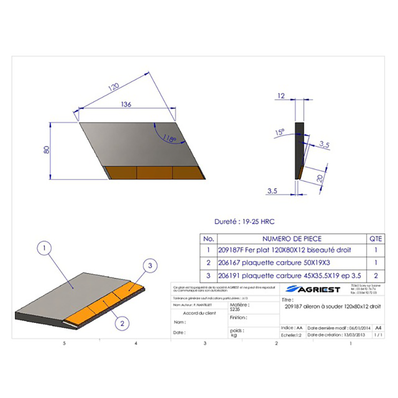 Grubber Anschweißteile Flach Anschweissteil 120X80X12 Rechts Hartmetall