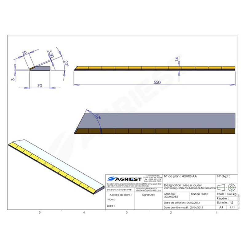 Grubber Anschweißteile Flach Anschweissteil Anlage 550X70X14 Abgeschrägt Links Hartmetall