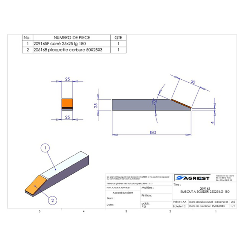 Grubber Anschweißteile Einschweißspitze 25X25 Lg 180 Hartmetall