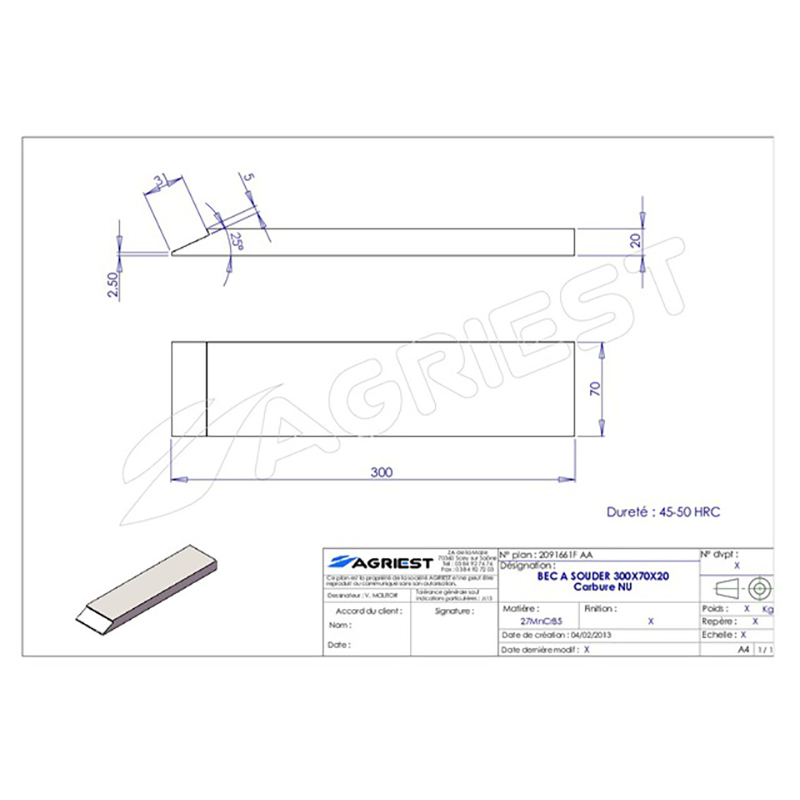 Grubber Anschweißteile Einschweißspitze 300X70X20 Hartmetall