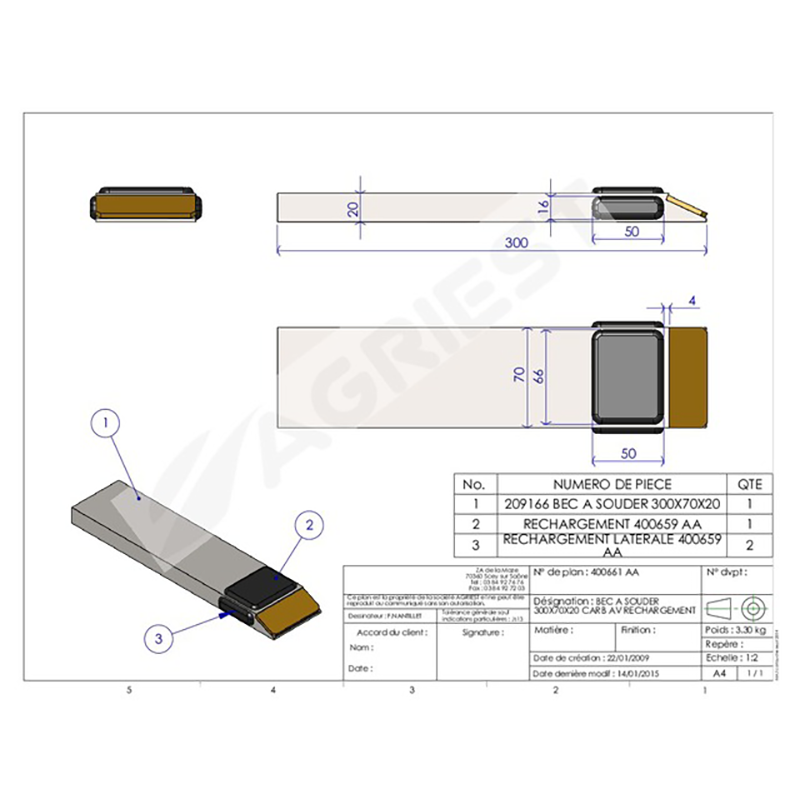 Grubber Anschweißteile Einschweißspitze 300X70X20 Zus. Aufpanzerung Hartmetall