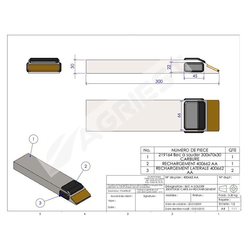 Grubber Anschweißteile Einschweißspitze 300X70X30 Hartmetall
