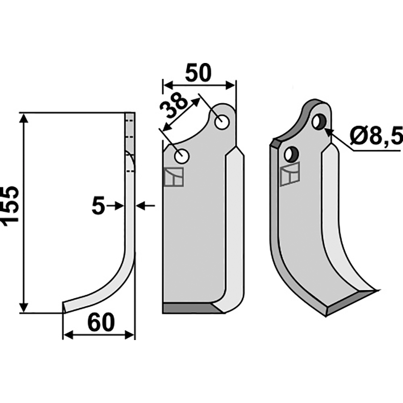 AGR-60L Fräsmesser, linke Ausführung Agria|Tielbürger 1767 (=071953)|KB-001-007 Fräsmesser, linke Ausführung IHOF AGR-60L