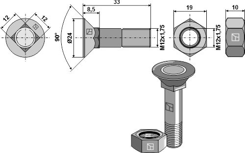 1233VLE Pflugschraube M12x1,75x33 und Sechskantmutter von Industriehof Scherenbostel