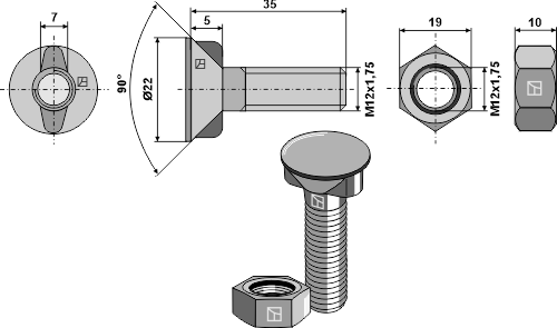 1235KV Pflugschraube M12x1,75x35 mit Sechskantmutter 1235KV Pflugschraube M12x1,75x35 mit Sechskantmutter von Industriehof Scherenbostel