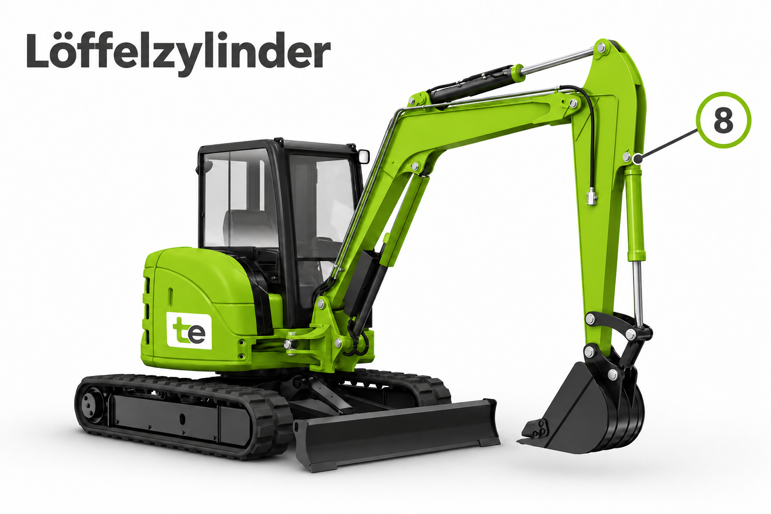 Grüner Minibagger mit tekkhus-Logo. Position 8 markiert die obere Befestigung des Löffelzylinders.