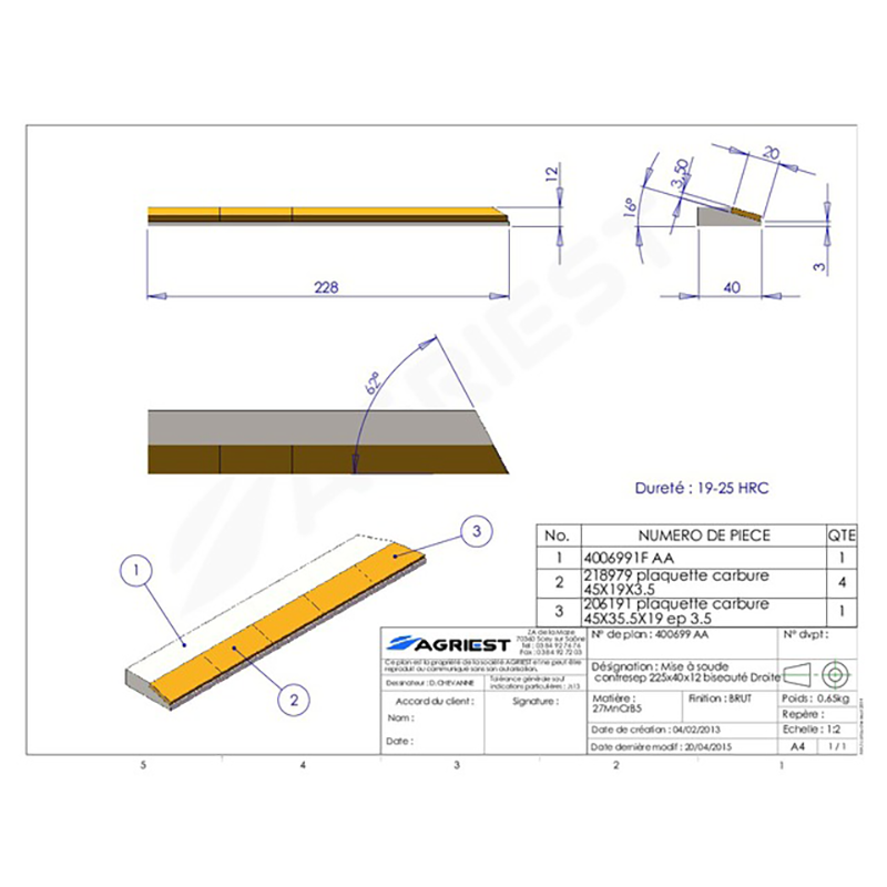 Grubber Anschweißteile Flach Anschweissteil Anlage 225X40X12 Abgeschrägt Hartmetall