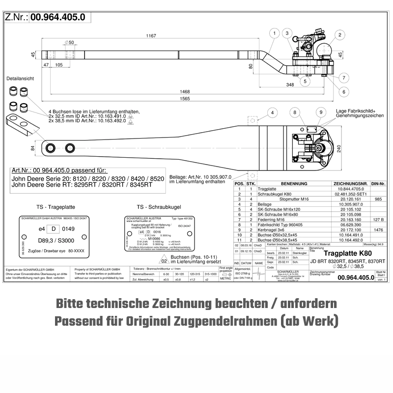 Tragplatte mit K80 für John Deere 8000er Serie Tragplatte mit K80 Scharmueller 009644050A17 John Deere 8000er Serie