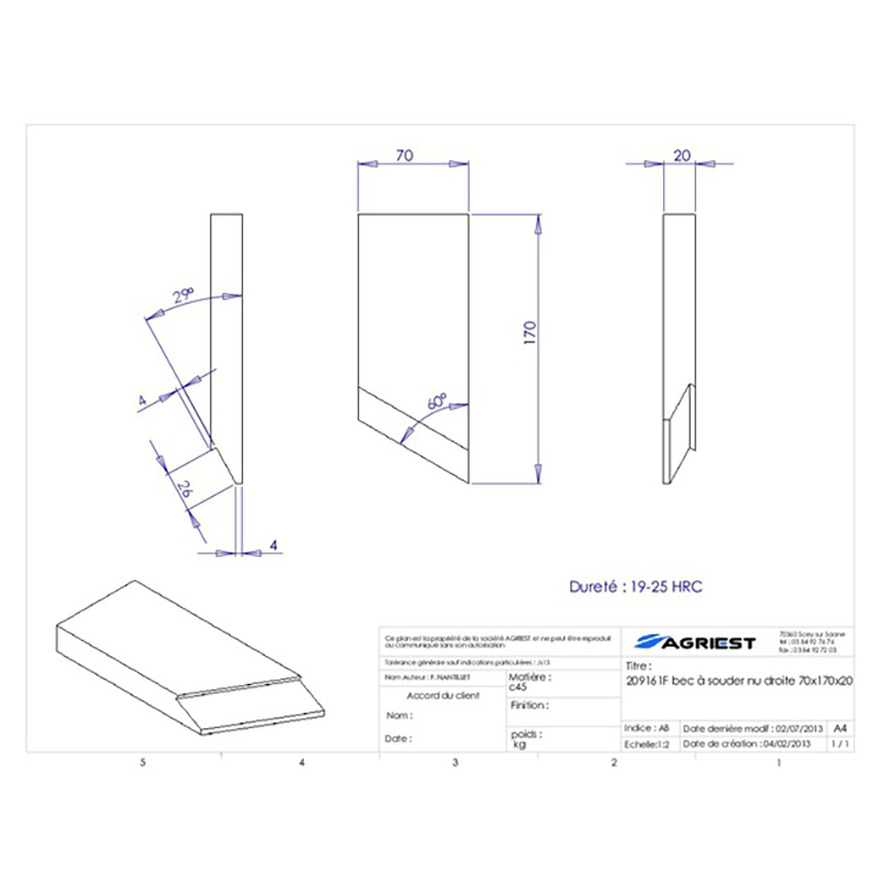 Grubber Anschweißteile Einschweißspitze 170X70X20 Rechts Hartmetall