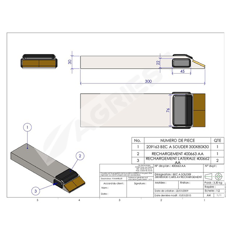 Grubber Anschweißteile Einschweißspitze300X80X30 Hartmetall