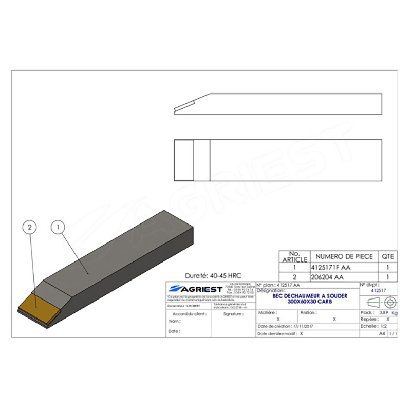 Grubber Anschweißteile Einschweißspitze 300X60X30 Hartmetall