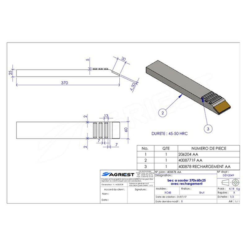 Grubber Anschweißteile Einschweißspitze 370X60X25 Zus. Aufpanzerung Hartmetall