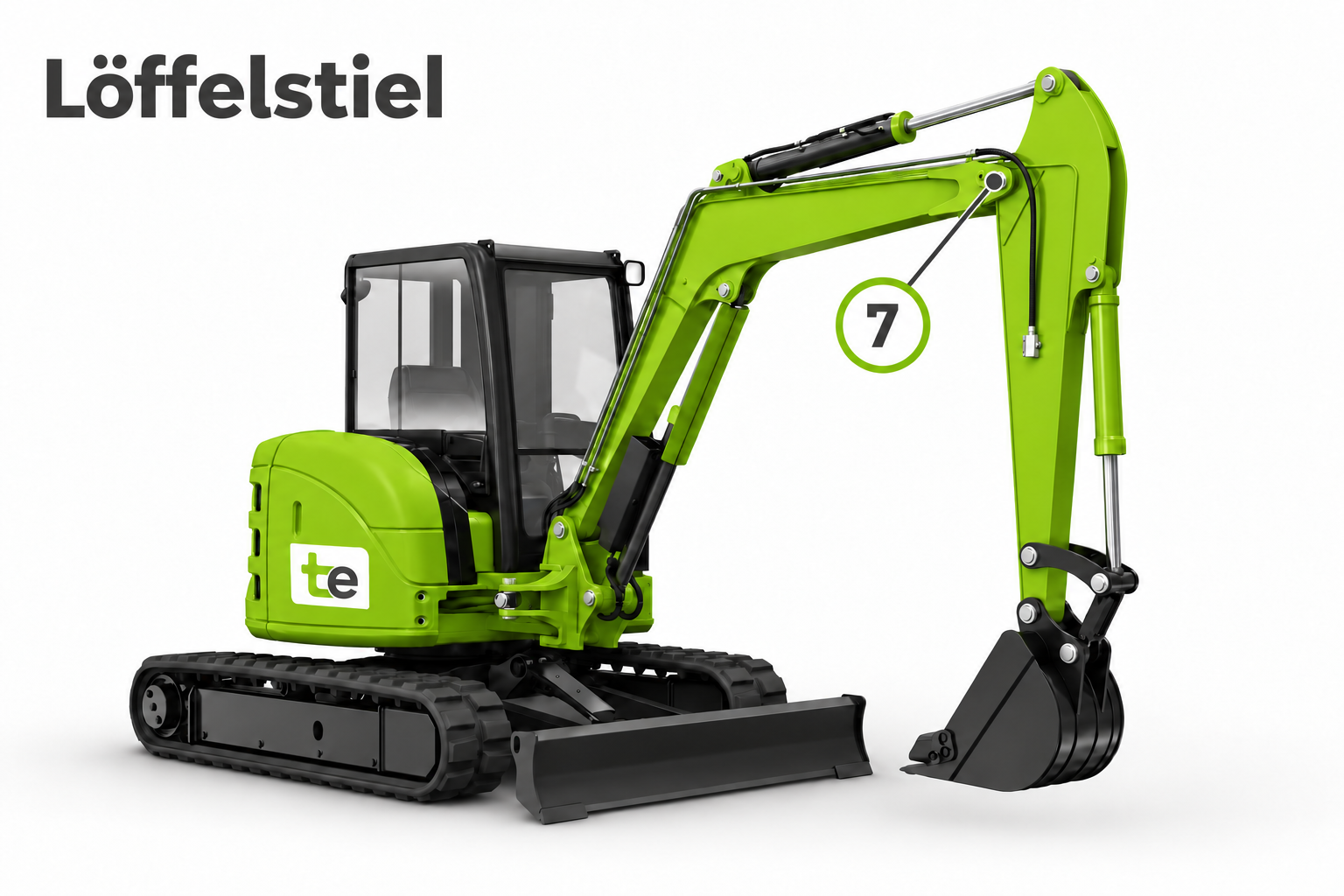 Löffelstiel Ersatzteilset von tekkhus für Minibagger (Position 7) Grüner Minibagger mit tekkhus-Logo. Position 7 markiert das Gelenk am Löffelstiel.