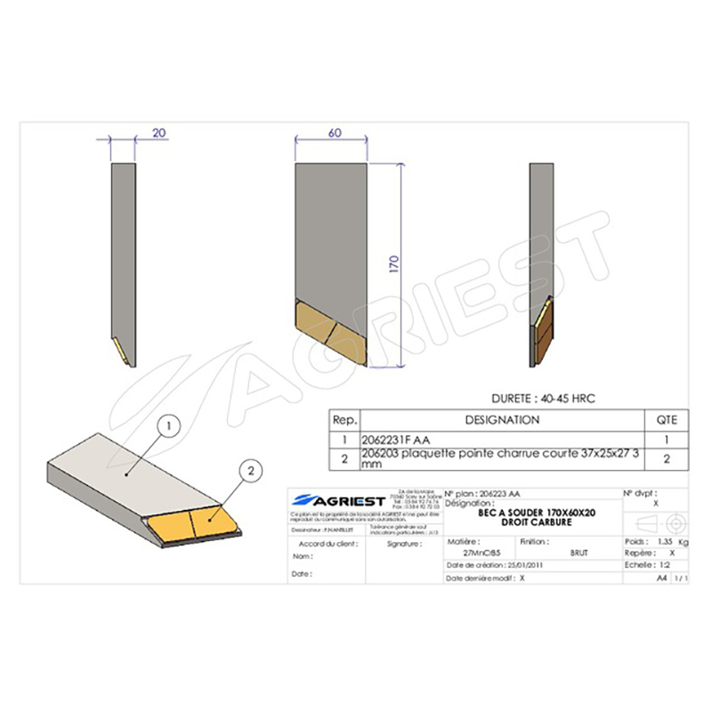 Grubber Anschweißteile Einschweißspitze 170X60X20 Rechts Hartmetall