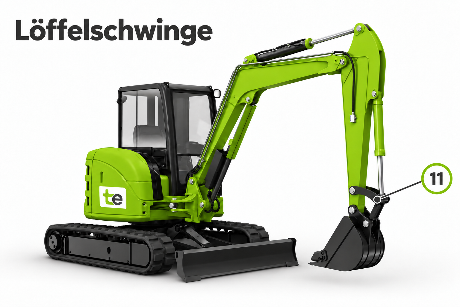 Grüner Minibagger mit tekkhus-Logo. Position 11 markiert das Verbindungsgelenk der Löffelschwinge.
