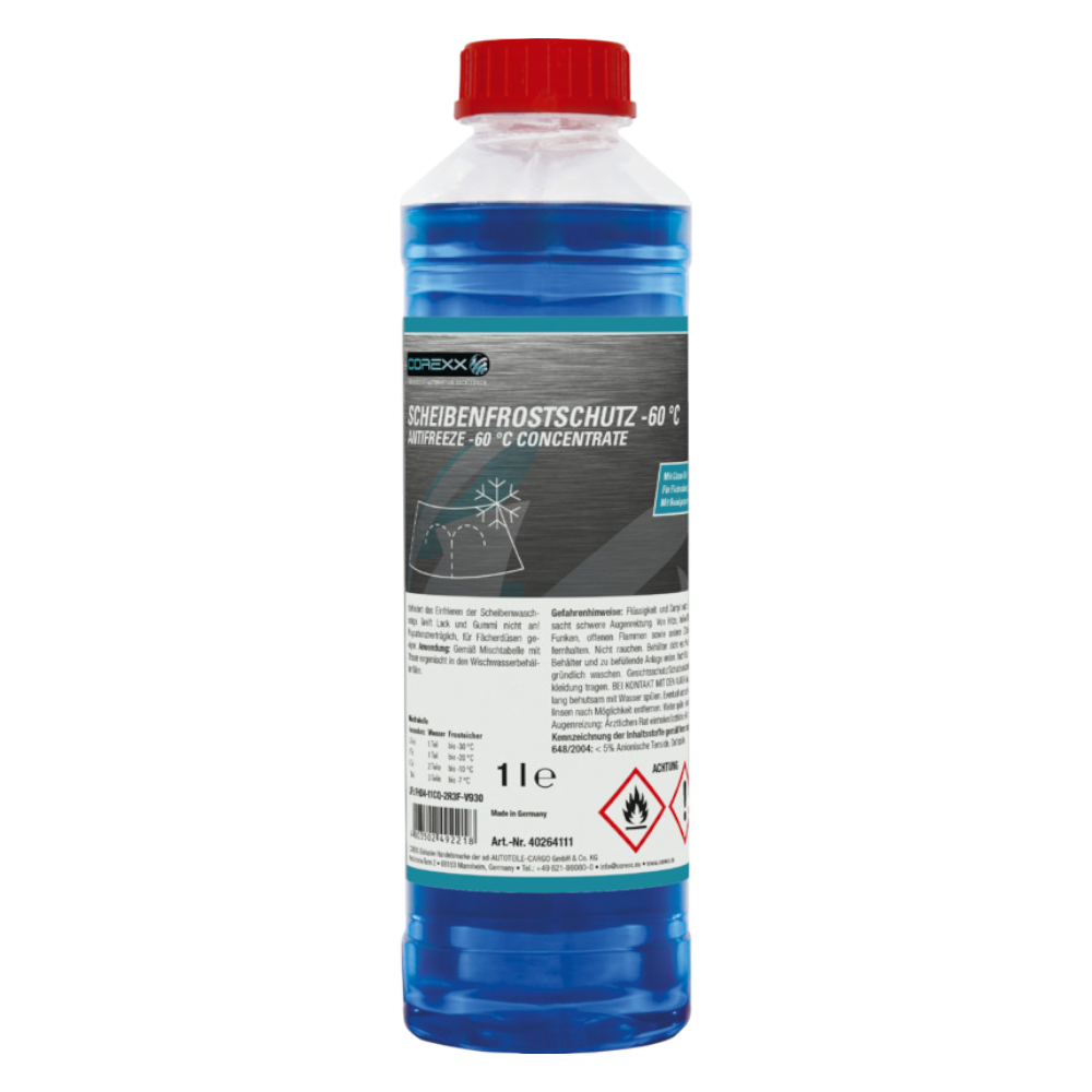 COREXX Scheibenfrostschutz -60 °C – Profi Frostschutzmittel COREXX Scheibenfrostschutz -60 °C – blauer Scheibenfrostschutz für Fahrzeuge, B2B Profiqualität, klarer Durchblick bis –60 °C
