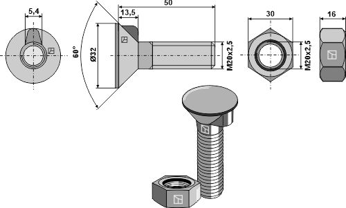 205048 Pflugschraube DIN 604 M20x2,5x50 mit Sechskantmutter 205048 Pflugschraube DIN 604 M20x2,5x50 mit Sechskantmutter von Industriehof Scherenbostel