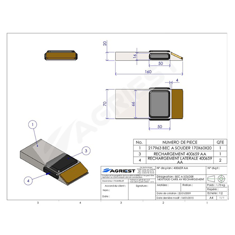 Grubber Anschweißteile Einschweißspitze 160X70X20 Zus. Aufpanzerung Hartmetall