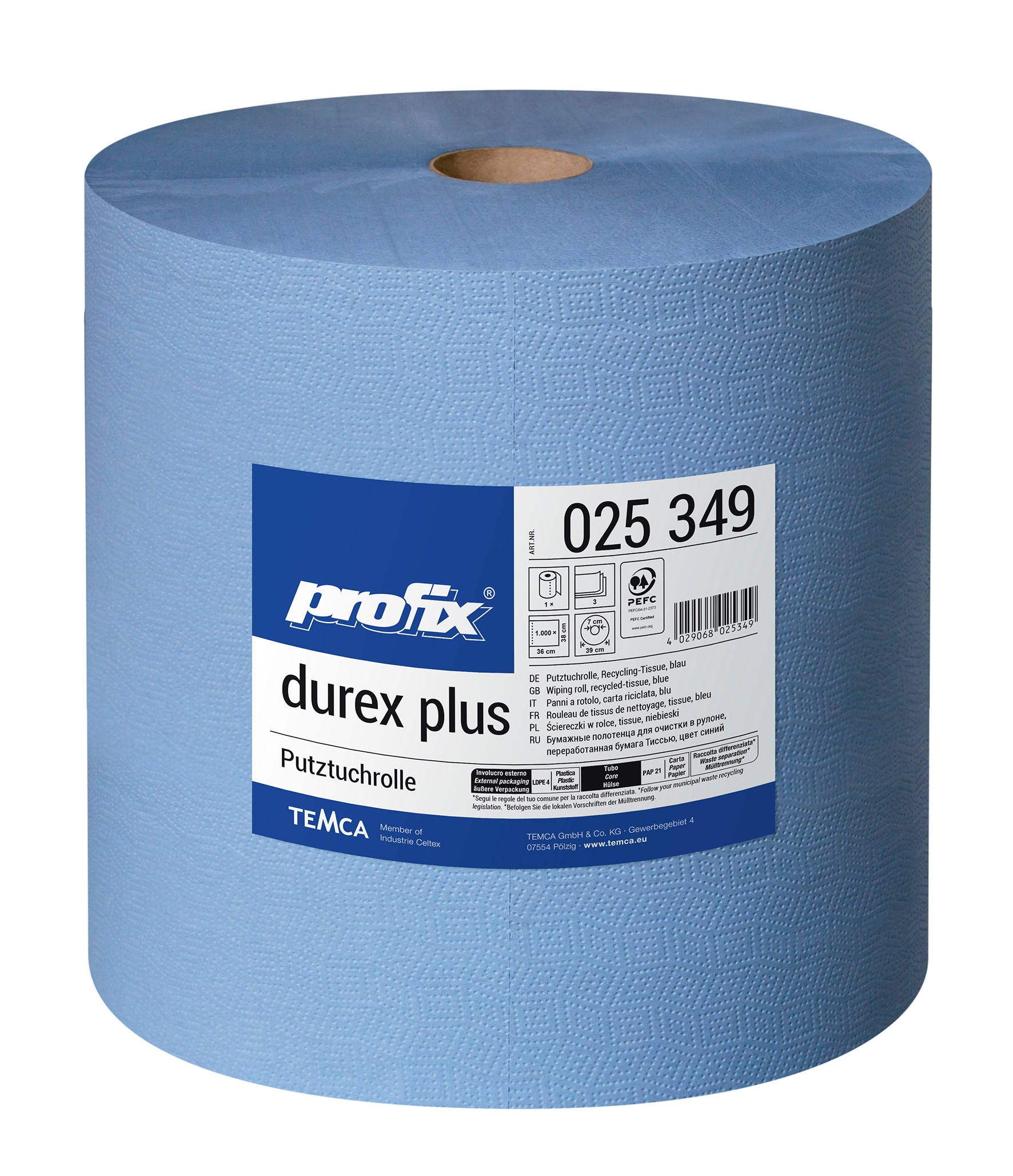 TEMCA profix® durex plus Putztuchrolle, 3-lagig, 1000 Blatt, 360 x 380mm (HxB), blau