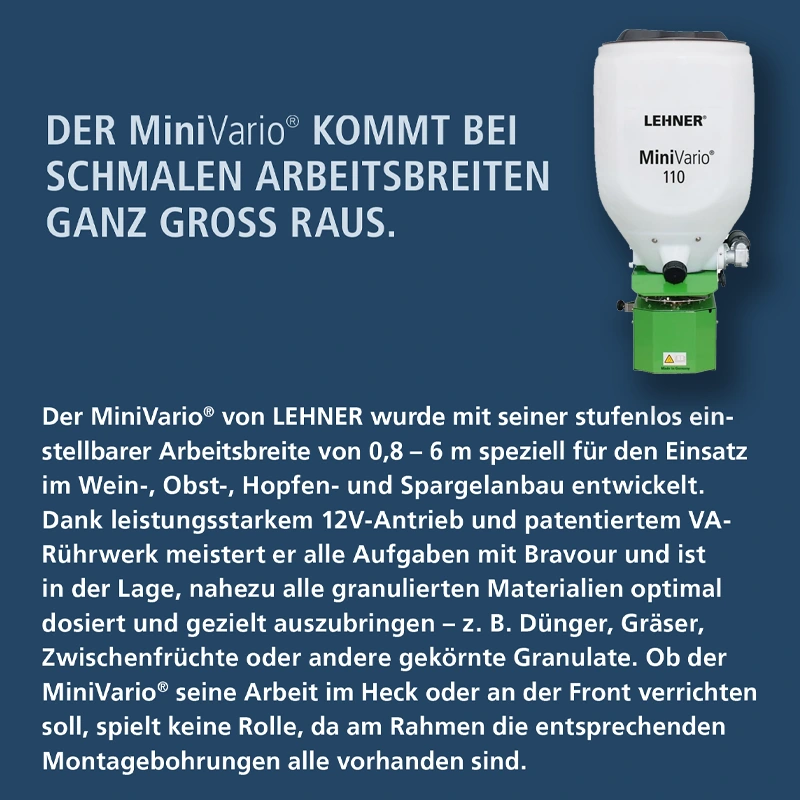 LEHNER 12 Volt-Streuer für Spargel, Hopfen-und Obstanbau LEHNER MiniVario® 110 12 Volt-Streuer für Weinbau und Obstanbau