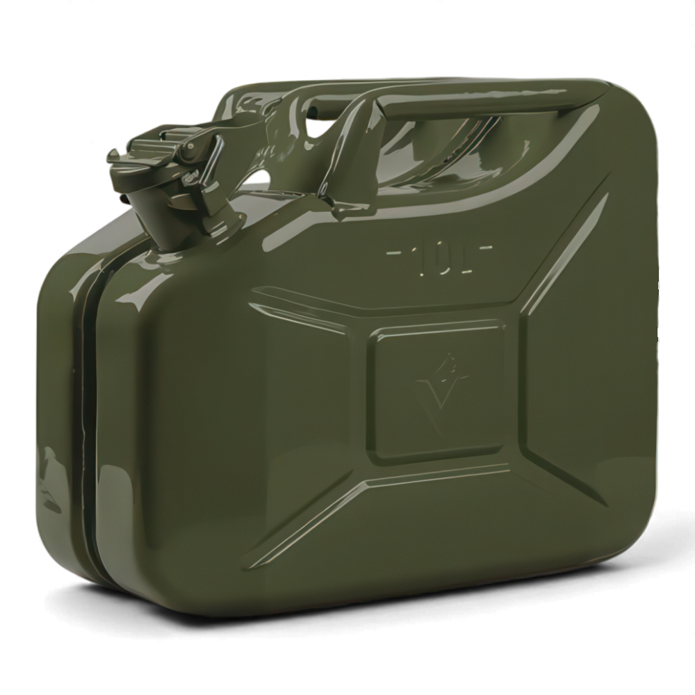 VALPRIO Stahlblechkanister 10L Das Bild zeigt einen Reservekanister aus Stahl mit einem Fassungsvermögen von 10L in der Farbe nato-olive