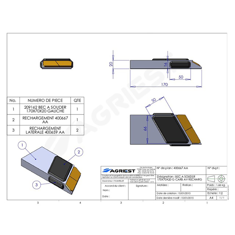Grubber Anschweißteile Einschweißspitze 170X70X20 Links Zus. Aufpanzerung Hartmetall