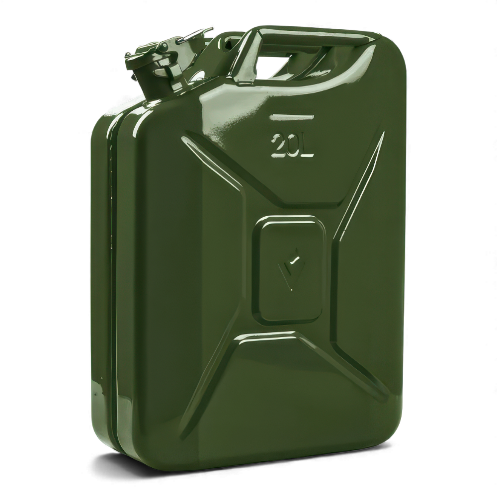 Das Bild zeigt einen Reservekanister aus Stahl mit einem Fassungsvermögen von 20L in der Farbe nato-olive