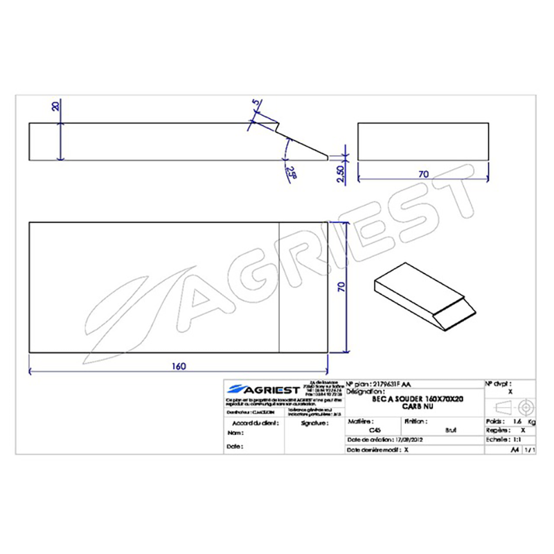 Grubber Anschweißteile Einschweißspitze 160X70X20 Hartmetall