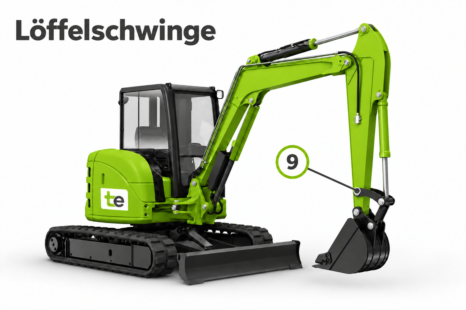 Grüner Minibagger mit tekkhus-Logo. Position 9 markiert die Befestigung der Löffelschwinge am Löffelstiel.