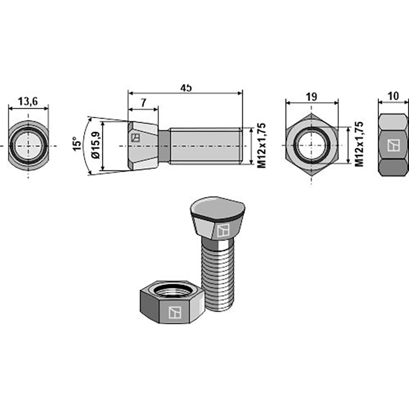 Landwirtschaft Bodenbearbeitung Grubber Schare & Leitbleche Scharschraube M12 x 1,75 x 45 mit Sechskantmutter Grubber Schare & Leitbleche Scharschraube M12 x 1,75 x 45 mit Sechskantmutter